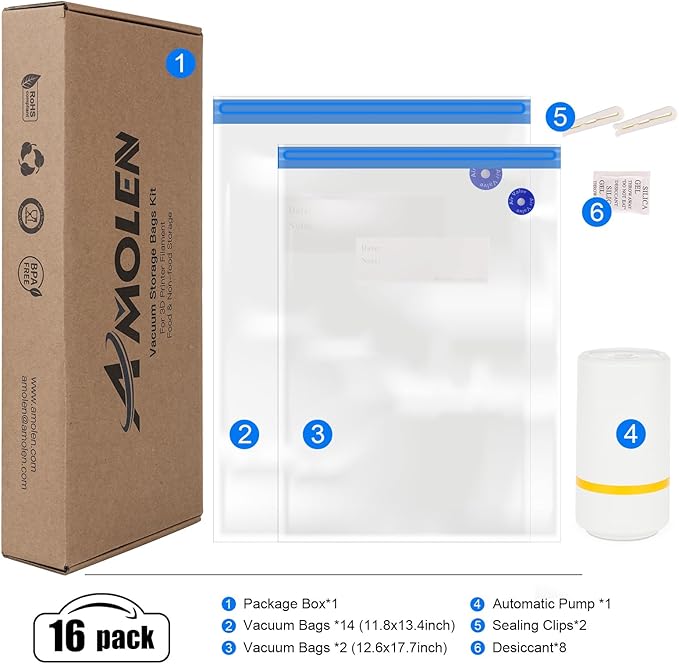 AMOLEN Filament Storage Bags Vacuum Kit, Cleaning Drying Sealed 16 Bags with Two Sizes for 3D Printer Filament with Automatic Pumps/Desiccants/Clips - Image 7