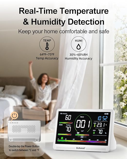 16 in 1 Indoor Air Quality Monitor, 7" LED Display 9 AQI+7 AQI Auto Alerts Air Quality Meter for CO2 Monitor/HCHO/TVOC/Temperature/Humidity, Battery Powered, Air Detector Air Quality Tester for Home - Image 5