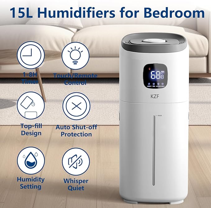 KZF 15L Humidifiers for Bedroom Large Room - 2000 Sq.ft Coverage, 72Hrs Runtime, Top Fill, 26dB Quiet, 3 Mist Levels & Diffuser, Auto Shut-Off, Ready for Baby Nursery and Plants - Image 2