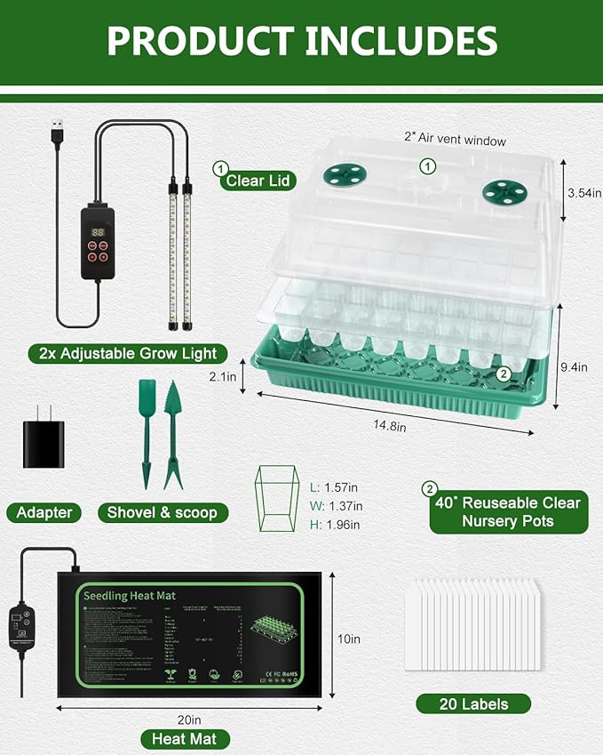joyhalo 40 Cell Seed Starter Kit with Grow Light and Graphene Heating Mat, Reusable Seed Starter Tray with Higher 4.7”Humidity Domes, Garden Plant Germination Station - Image 5