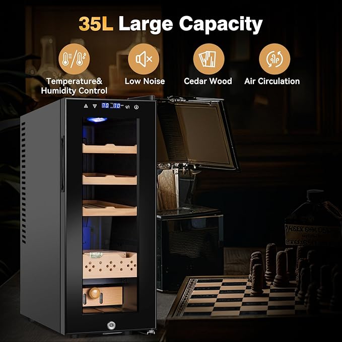 Electric Cooler Cabinet 35L with Temperature and Humidity Control, Spanish Cedar Wood Shelves and Safety Lock (300 Counts Capacity), Gift for Men - Image 8