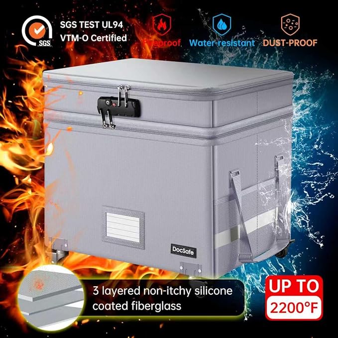 DocSafe Fireproof Document Box with Lock,2-Layer File Box with Wheels,Collapsible File Storage Organizer with Pockets,Large Portable Home Office Filing Cabinet Safe for Hanging Folders,Silver - Image 4