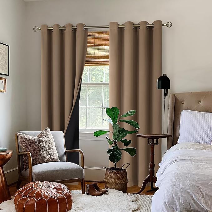BGment Thermal Insulated 100% Blackout Curtains for Bedroom with Black Liner, Double Layer Full Room Darkening Noise Reducing Grommet Curtain (52 x 90 Inch, Taupe, 2 Panels) - Image 2