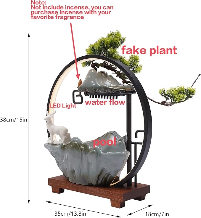 15In Water Fountains Indoor Tabletop Waterfall Humidifier with LED Light and Atomizer Mist, Japanese Zen Decor Meditation Fake Plants Bonsai Feng Shui Decor Festival Birthday surprise Good Luck Wealth - Image 6