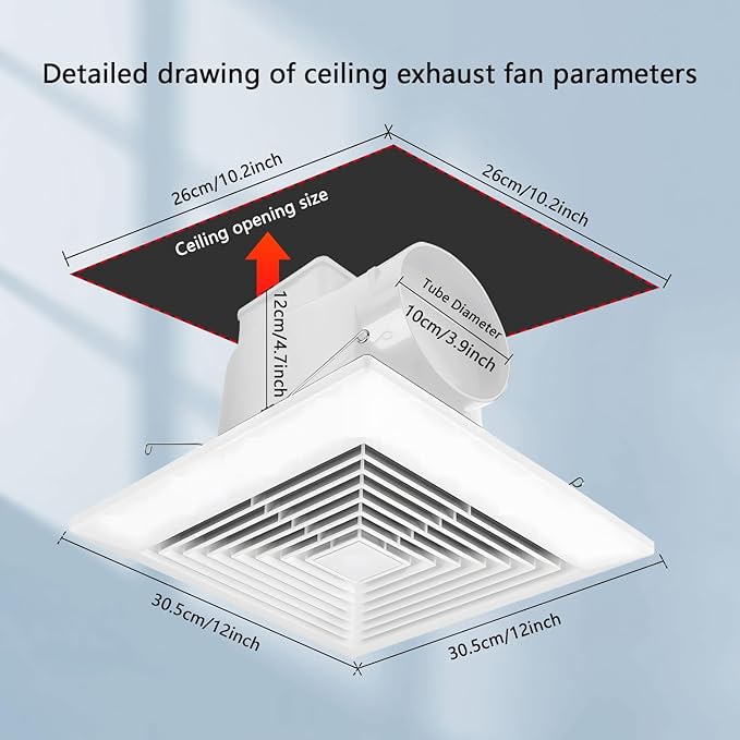 Bathroom Exhaust Fan for Ceiling,Household Bath Vent Ventilation Fan,110 CFM,4-in Duct,1.0 Sones Quiet Operation,13W Energy-Saving 12" Plastic Panel Shower Vent Extractor,10"x10" Mounting Hole - Image 6