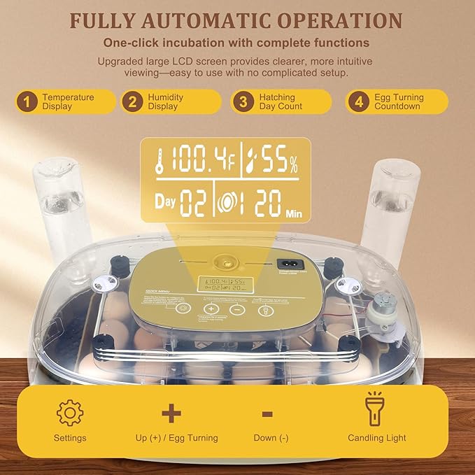 Smart 24-Egg Incubator for Hobbyists, Full-Stage Adaptive Humidity (Dual-Bottle) & Temp Control, Custom-Interval Auto Turn & Auto Stop, Preset Incubation Days, Adjustable Egg Spacing - Image 4