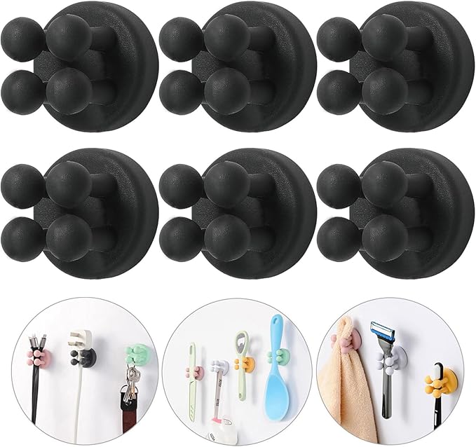 iBetterLife Razor Holder for Shower Hooks – 6Pcs Self Adhesive Wall Mounted Single Hook for Hanging Toothbrush, Functional Waterproof Utility Plug Holder for Bathroom Kitchen Living Room Office, Black by iBetterLife