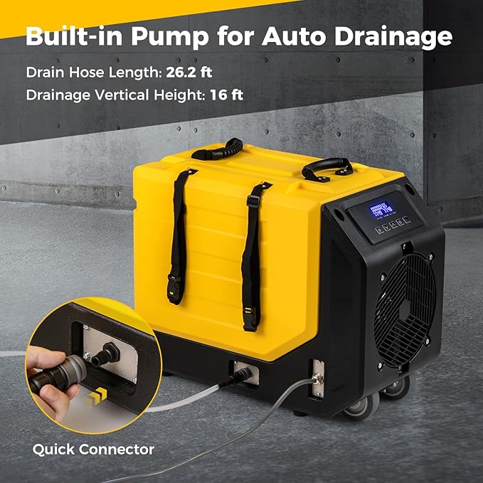 COSTWAY 190 PPD Commercial Dehumidifier with Pump, Rotational Molded Crawl Space Dehumidifier with 26Ft Drain Hose for Water Damage Restoration, Basement (Yellow) - Image 4
