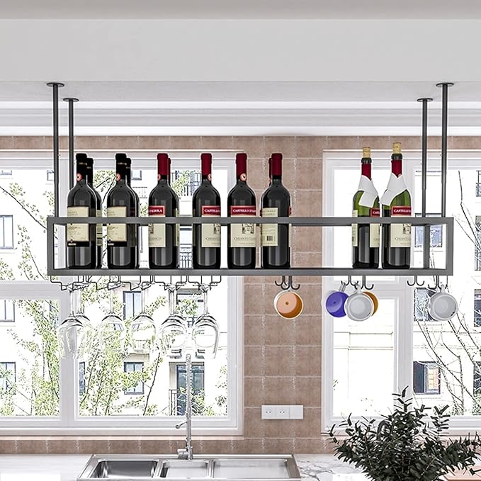 Hanging Black Wine Glass Holder Metal Wine Bottle Rack for Kitchen Bar Upside Down Stemware nizer Under Cabinet 60 x 25 x 21 cm - Stylish Ceiling Storage Solution - Image 5