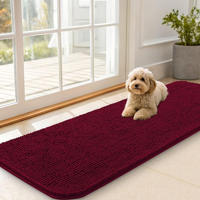 OLANLY Dog Door Mat for Muddy Paws 59x20, Absorbs Moisture and Dirt, Absorbent Non-Slip Washable Doormat, Quick Dry Chenille Mud Mat for Dogs, Entry Indoor Entryway Carpet for Inside Floor, Burgundy by OLANLY