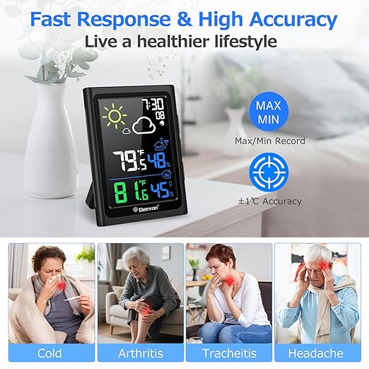 Geevon Indoor Outdoor Thermometer Wireless Weather Station with Color Display, Digital Hygrometer Temperature Humidity Monitor with Alarm Clock and Backlight - Image 5