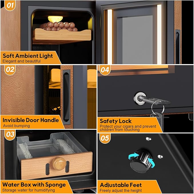 Electric Cooler Cabinet 25L with Temperature and Humidity Control, Leather Finish, Spanish Cedar Wood Shelves and Safety Lock (200 Counts Capacity), Gift for Men - Image 9