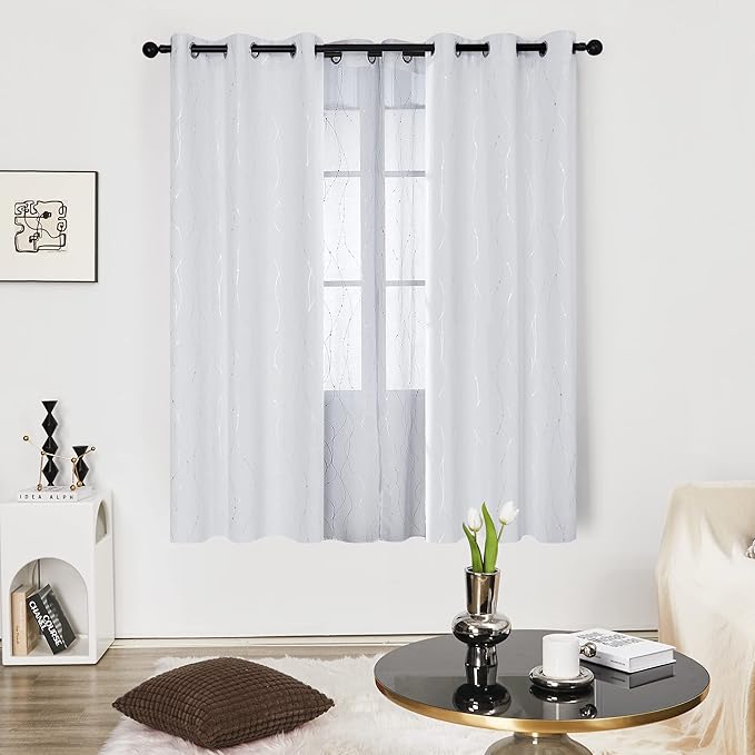 Deconovo Bedroom Curtains, Light Darkening Drapes, Thermal Insulated Soundproof Panel, Silver Wave Dot Print, 42 x 72 Inch, Machine Washable Window Panels for Living Room Home, Set of 2, Greyish White - Image 2