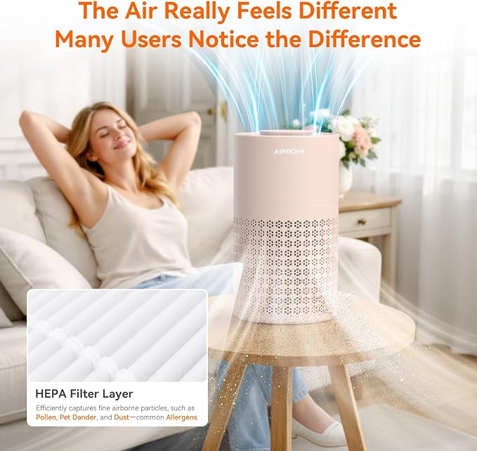 AIRROMI Air Purifier for Bedroom with HEPA 3-in-1 Filter, Pet Air Purifier for Home Cat Pee Smell, Covers Upto 990 Ft², Quiet 360°intake Air Cleaner for pet hair,allergies,Dust,Smoke A2001 Orange - Image 8