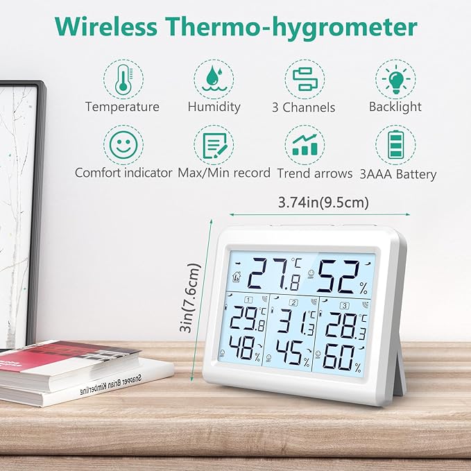 ORIA Indoor Outdoor Thermometer, Digital Hygrometer Thermometer, Wireless Temperature and Humidity Gauge Monitor with 3 Sensors, LCD Backlight for Home, Office, Bedroom, White - Image 2