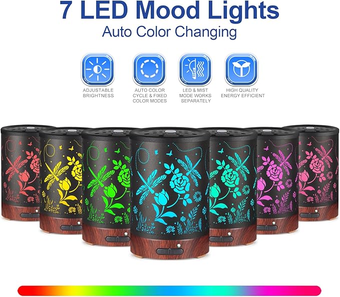 Essential Oil Diffuser- Aromatherapy Diffuser with7 Colors Light and Auto-Off for Women Metal Cool Mist Humidifier for Home and Office for Mom Women(Roses + Dragonflies) - Image 2