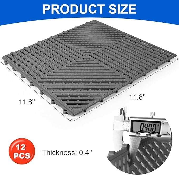 MYFAMIREA Modular Interlocking Cushion 12 Pack 11.8" x 11.8" Rubber Floor Tiles Non-Slip Splicing Drainage Mats for Deck, Pool, Shower, Patio, Balcony, Bathroom, Kitchen, Yard (1 Rows Dots, Dark Gray) - Image 2