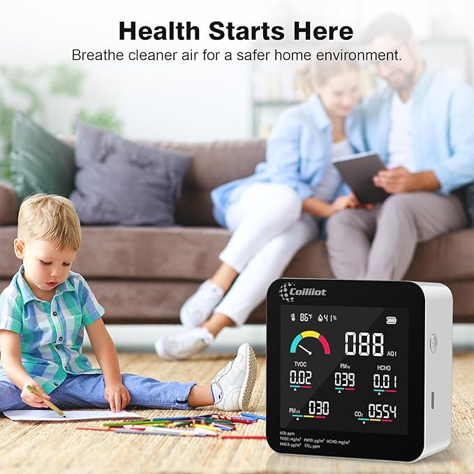 Air Quality Monitor Indoor – CO2 Detector, VOC Meter and AQI Tester Tracks TVOC, HCHO, PM2.5 & PM10 with Temperature & Humidity Sensor for Home Office (White) - Image 6