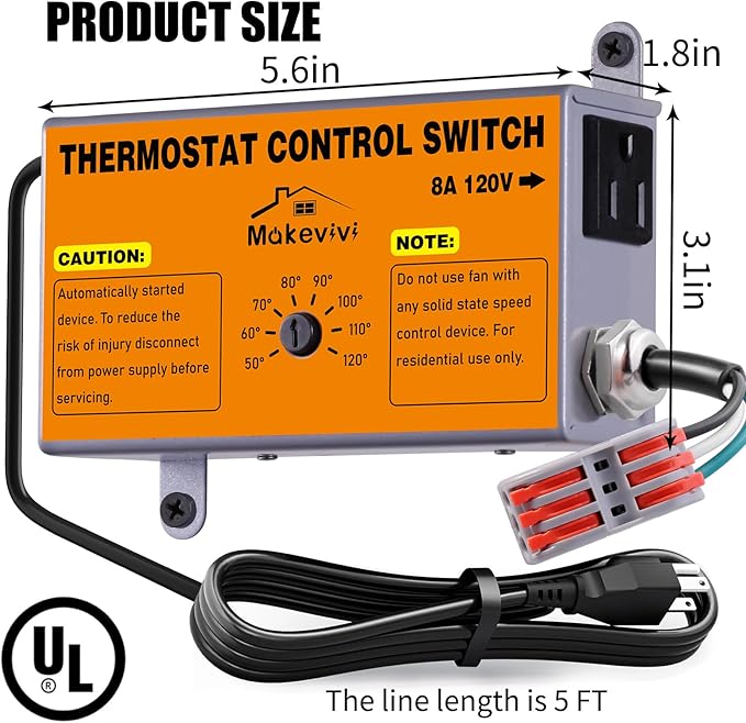 Attic Fan Thermostat-Control: with Socket and Wire Connector, Can Be Connected to Two Fans, Replacement Thermostat with Overload Protector, Temperature Controlled Exhaust Fan for Workshop, Greenhouse - Image 4