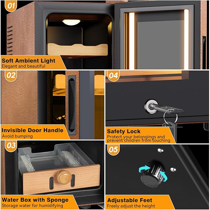 Electric Cooler Cabinet 35L with Temperature and Humidity Control, Leather Finish, Spanish Cedar Wood Shelves and Safety Lock (300 Counts Capacity), Gift for Men - Image 9