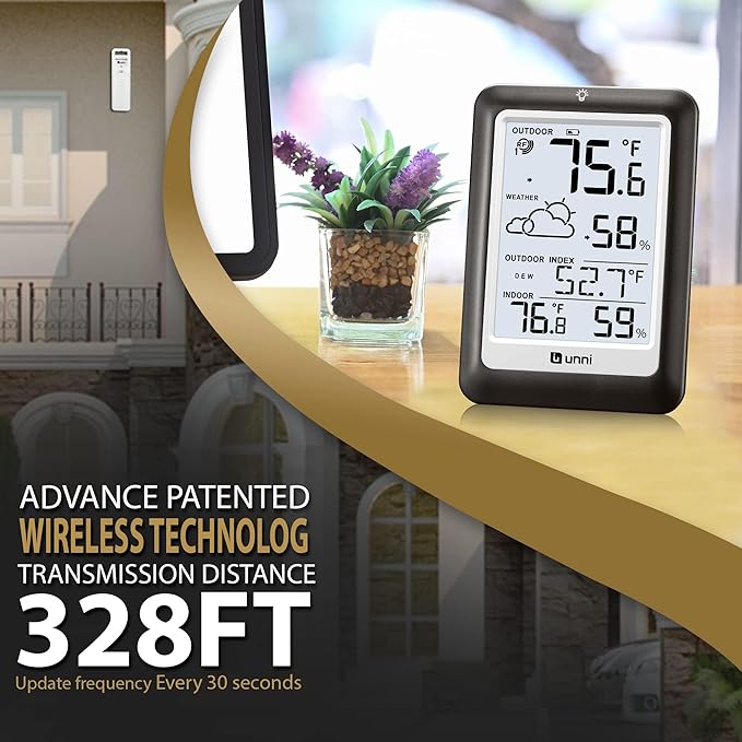 Indoor Outdoor Thermometer Wireless Weather Station, Temperature Humidity Monitor Battery Powered Inside Outside Thermometers with 330ft Range Remote Sensor and Backlight Display（Metal Black） - Image 2