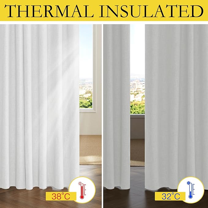 NICETOWN 100% Absolutely Blackout Linen Curtains with Thermal Insulated Grey Liner, Greyish White, 52 inches Wide, 84 inches Length Energy Saving Curtains for Living Room 2 Panels Set, Vertical Blinds - Image 4