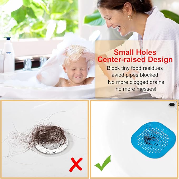 Hair Drain Catcher,Square Drain Cover for Shower Silicone Hair Stopper with Suction Cup,Easy to Install Suit for Bathroom,Bathtub,Kitchen 2 Pack (Blue) - Image 3