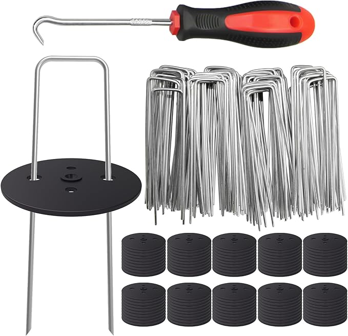 MySit Weed Fabric Staples, 6 inch Landscape Fabric Pins Garden Staples with Gaskets Pick Hook, U Shaped Stakes for Ground, Gardening, 100 Pack by MySit