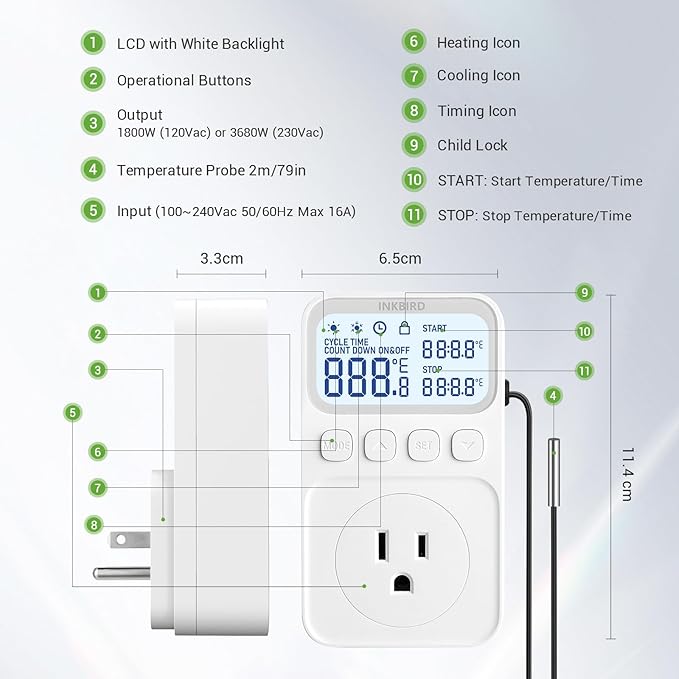 INKBIRD Plug in Thermostat 15A 1800W, Programmable Heating Cooling Digital Temperature Controller Timer for Window A/C Fan Heater Greenhouse Homebrewing Reptile - Image 8