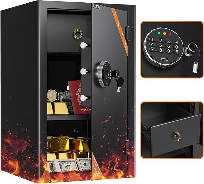 WASJOYE Large Home Cabinet Safe Box - 3.5 Cubic Feet Fireproof Security Safes with Digital Keypad Key Lock Type-C Port, Heavy Duty Safe Box for Home Office Hotel Document Jewelry Passport Storage by WASJOYEUS