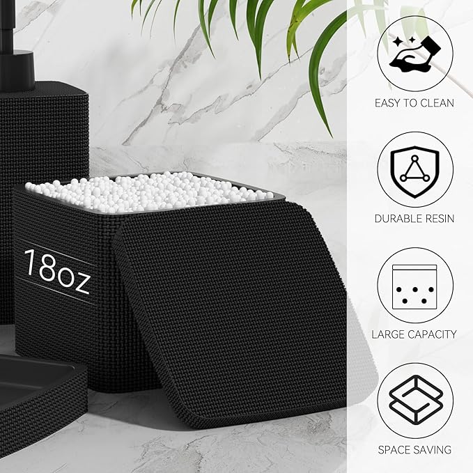 Matte Black Bathroom Accessories Set 5 Pieces, Resin Toothbrush Holders Set Complete with Soap Dispenser, Toothbrush Holder, Vanity Tray, Bathroom Tumbler and Qtip Holder for Small Spaces - Image 5