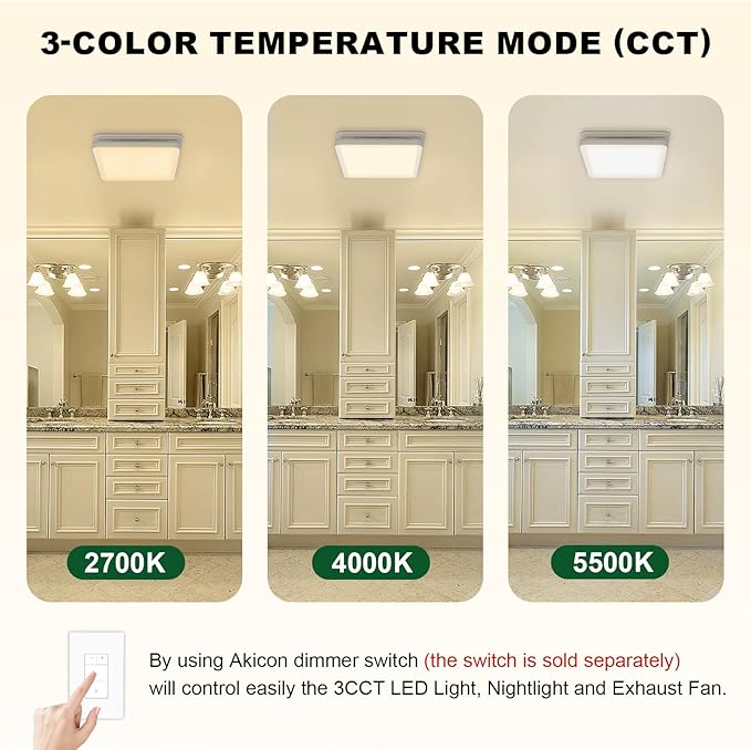 Akicon Bathroom Exhaust Fan with Light, 80CFM 2.0 Sones Exhaust Fan for Bathroom Ceiling, 15W Dimmable 3CCT LED Shower Lights & 3.5W Nightlight Vent Fan for Home, Square, White - Image 3