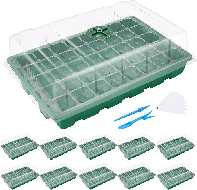 MIXC Seedling Trays Seed Starter Tray, 10-Pack Mini Propagator Plant Grow Kit Greenhouse with Humidity Vented Domes and Base for Seeds' Starting (40 Cells Per Tray, Total 400 Cells), Green by MIXC