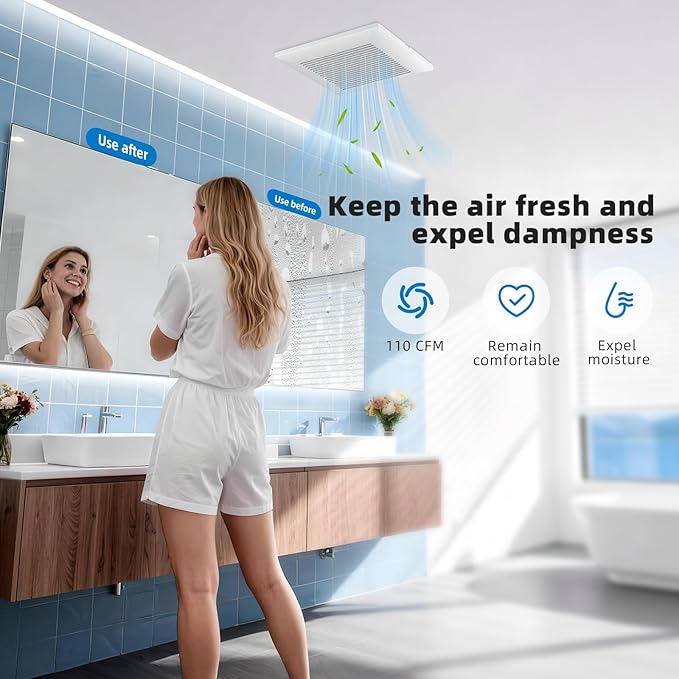 Bathroom Exhaust Fan 110 CFM Very Quiet with Matel Housing, Ceiling Mount Ventilation Fan Large Air-flow Capacity, Energy-Saving Household Bath Vent Extractor, White Plastic Grille - Image 2