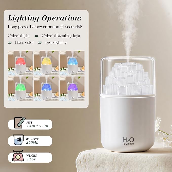 Portable Mist Humidifier with Colorful Light Auto-Off USB Desktop Personal Humidifiers 2 Cool Spray Modes 300ml for Bedroom Office Car Travel White - Image 5