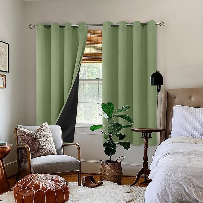 BGment Thermal Insulated 100% Blackout Curtains for Bedroom with Black Liner, Double Layer Full Room Darkening Noise Reducing Grommet Curtain (52 x 63 Inch, Grass Green, 2 Panels) - Image 2