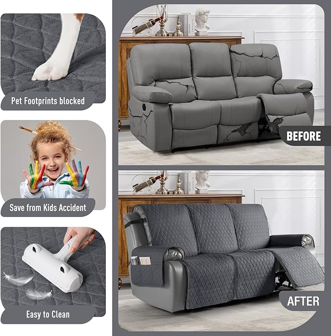 TAOCOCO 100% Waterproof Recliner Cover, Non-Slip Washable Reclining Couch Cover with Elastic Leg Straps, Furniture Protector for Dogs (Charcoal Gray, 3 Seater) - Image 2