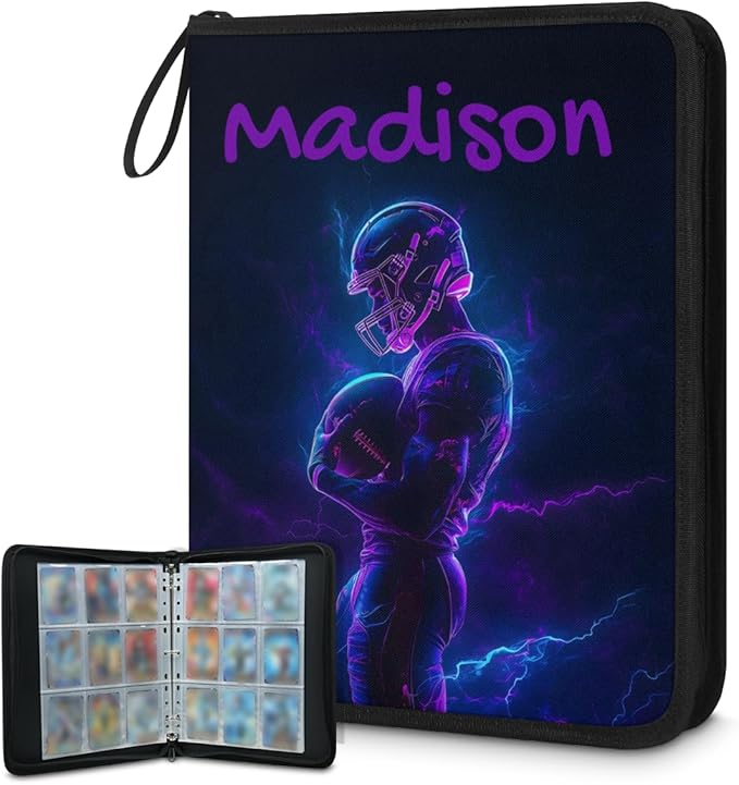Custom Name 9 Pockets Football Card Binder, Personalized Rugby Collector Album Sports Cards Binder with 50 Sleeves for TCG, MTG by Joyousleap