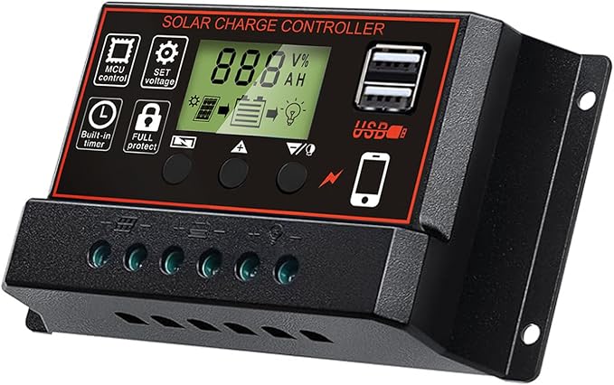 Solar Charge Controller, Solar Panel Charge Controller Intelligent Regulator with Dual USB Port 12V/24V, Auto Paremeter Adjustable LCD Display PWM（Black, 30A） - Image 2