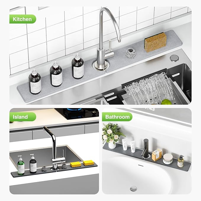 30" x 4" Stone Faucet Mat for Kitchen Sink, Quick Drying Diatomite Sink Tray, Faucet Sink Splash Guard for Prevents Moisture Buildup (Light Gray) - Image 8