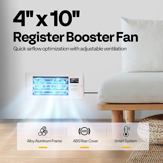 VIVOHOME 4'' x 10'' Opening Register Booster Fan with Adjustable Wind Direction Louver, Smart Intelligent Thermostat & 10-Speed Remote Control - 11.4" x 5.5" Vent Cover for Room, Floor, Wall - White - Image 7