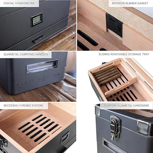 CASE ELEGANCE Military Glass Top Humidor with Thick Cedar, Includes Klaro Valet BLE Digital Hygrometer + WiFi Bridge for Remote Monitoring Humidity & Temperature, iOS & Android App - Black - Image 7