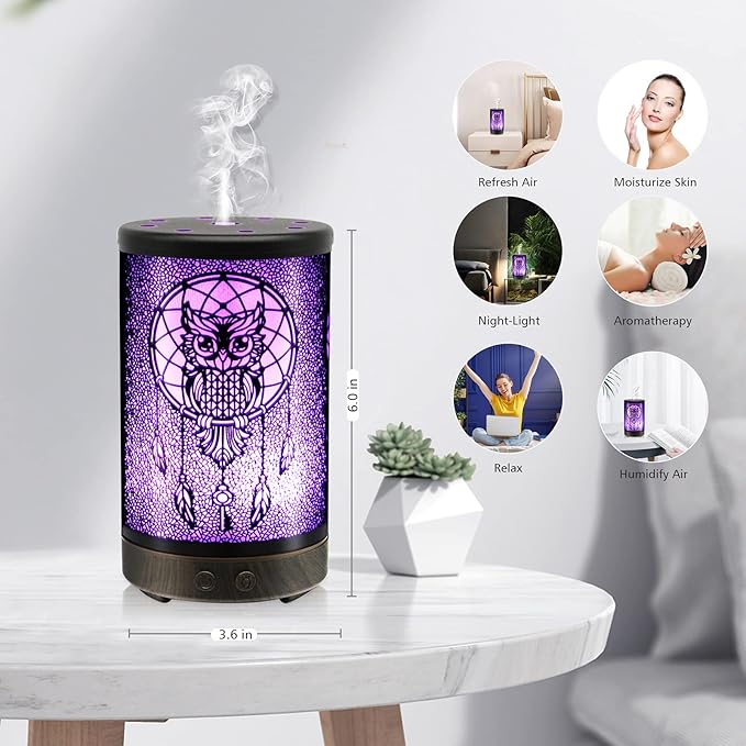 Owl Essential Oil Diffuser, Daroma 100ml Metal Aromatherapy Ultrasonic Cool Mist Humidifier Air Scent Home Office Gift, 7 Colors Changed LED Mood Light, Waterless Auto-Off - Image 6