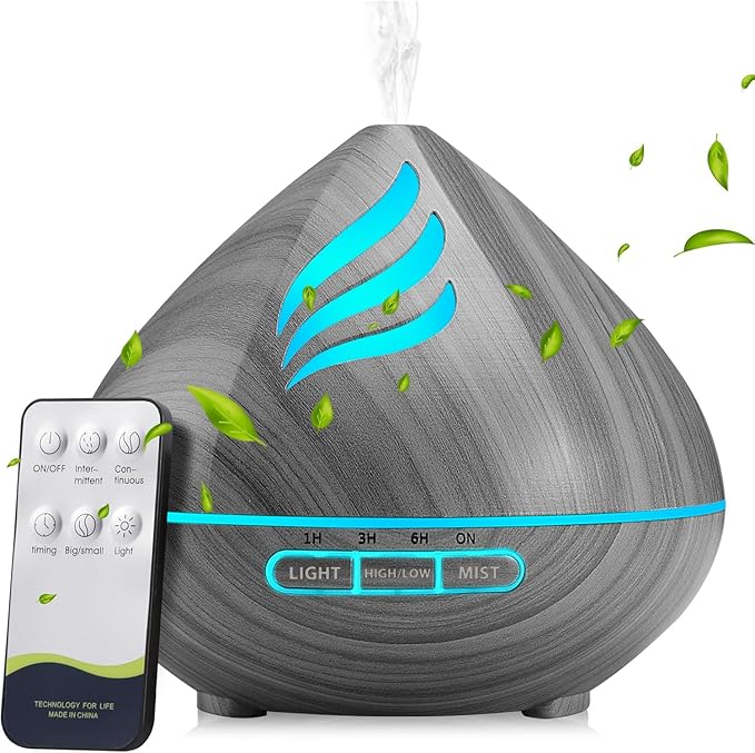 Essential Oil Scent Diffuser: 500ML Aroma Diffuser with Remote Control, Large Fragrance Aromatherapy Diffuser for Bedroom Home, Mist Humidifier & 14 Colors LED Lights and waterless Auto-Off, Dark Grey by JcrAsZZF