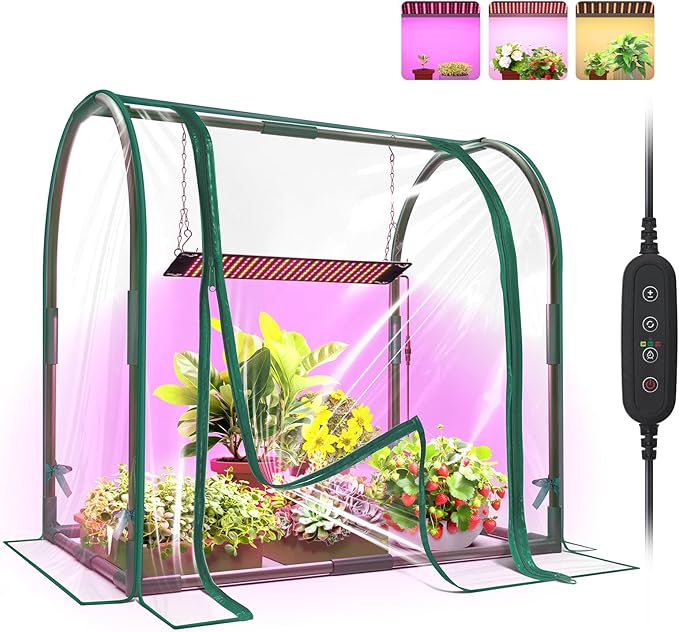Bstrip Mini Indoor Greenhouse with Grow Lights, 27.2" L X 19.9" W X 27.2" H Desktop Small Greenhouse with Zippered Door and PVC Cover for Seed Starting, 1.6FT Plant Light for Indoor Plants with Timer by Bstrip