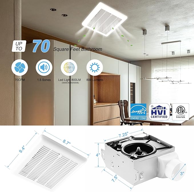 Tech Drive Bathroom Exhaust Fan with Light, 70 CFM,Super Quiet 1.5Sone Bathroom Fan with Light, 800lm 3CCT LED,3000K/4000K/5000K Selectable,Energy Star Certified, 3inch Duct, White - Image 3