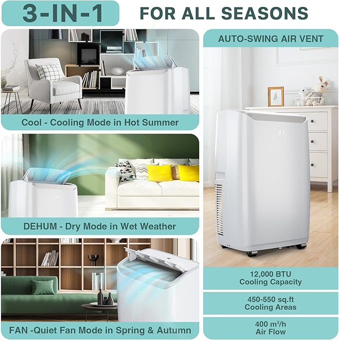 Quiet 12000 BTU Air Conditioner Portable for Room up to 550 Sq.Ft, 3 in-1 Floor Standing AC with Dehumidifier & Fan Mode, Sleep Mode, 24H Timer & Easy Window Installation Kit - Image 4