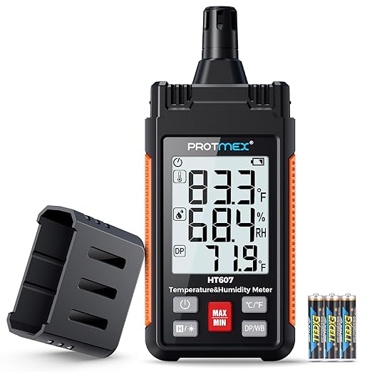 Protmex HT607 Temperature Humidity Meter High Precision Digital Hygrometer with Ambient, Relative Humidity, Dew Point, Wet Bulb Thermometer, Min/Max Hold, LCD Backlight with Cover Protector by Protmex