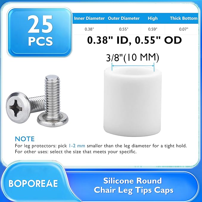 25 Pcs 3/8" (10 mm) Round Chair Leg Tips Caps, Silicone Rubber Furniture Leg Floor Protectors, Reduce Noise Folding Metal Chair Leg Cap Replacement for Bar Stool Leg Patio Indoor, White - Image 9