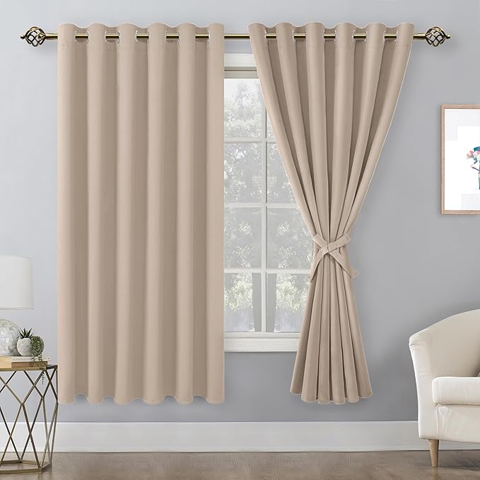 Hiasan Grommet Blackout Curtains for Bedroom, 70 x 63 Inches - Thermal Insulated & Light Blocking Window Drapes for Living Room/Dorm Room, Set of 2 Panels Sewn with Tiebacks, Camel - Image 2